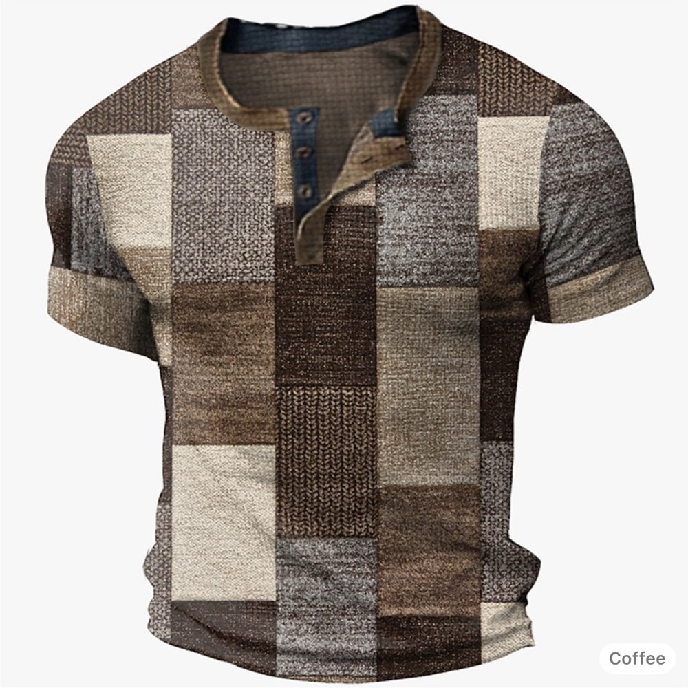Men's Graphic Color Block Plaid / Check Waffle Henley Shirt Short Sleeve Size3XL